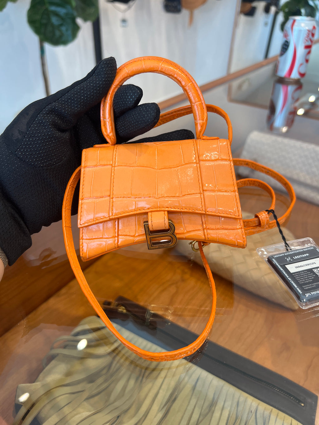BALENCIAGA Calfskin Crocodile Embossed Hourglass Top Handle crossbody Orange micro