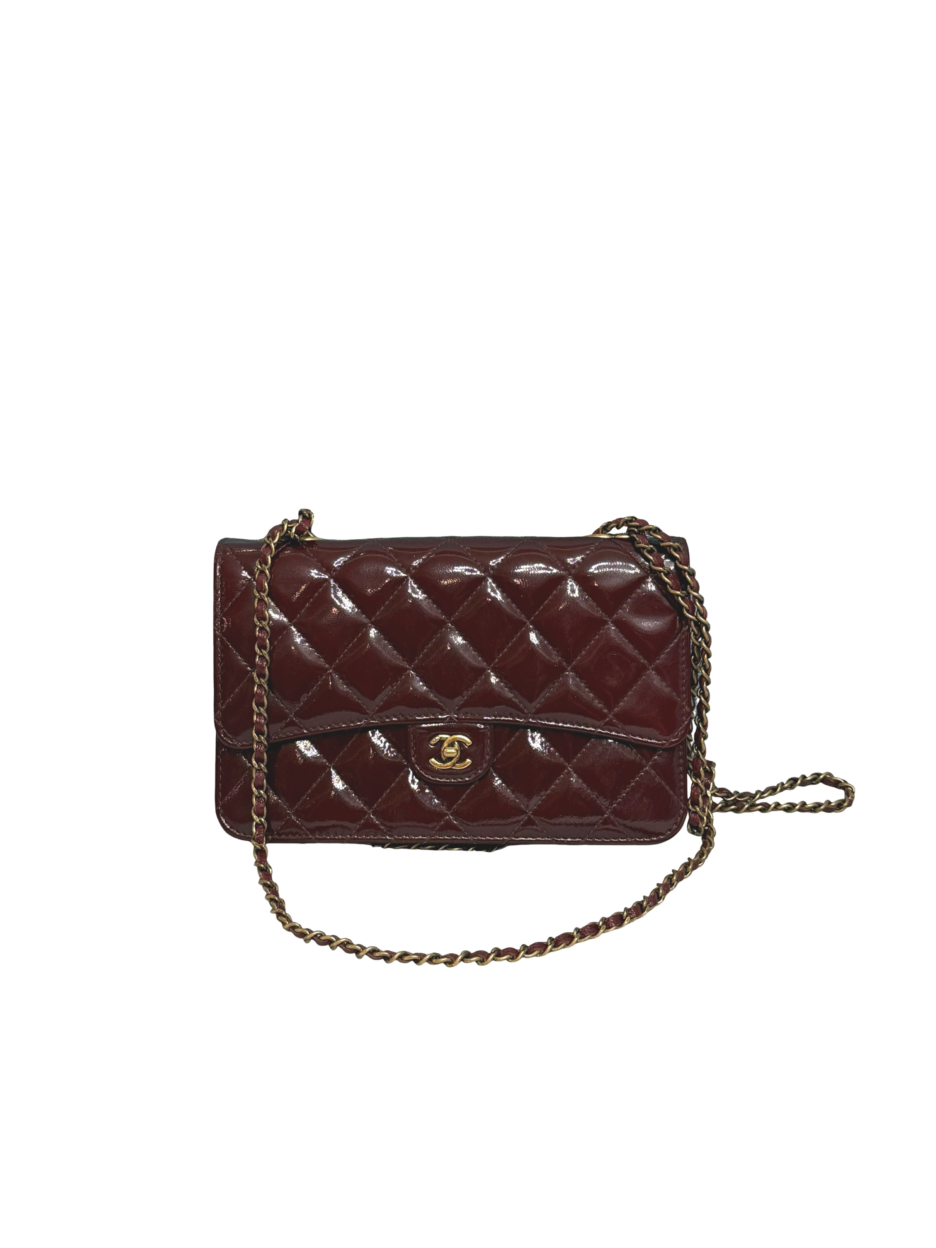 Chanel Quilted Patent Leather Classic Wallet On Chain