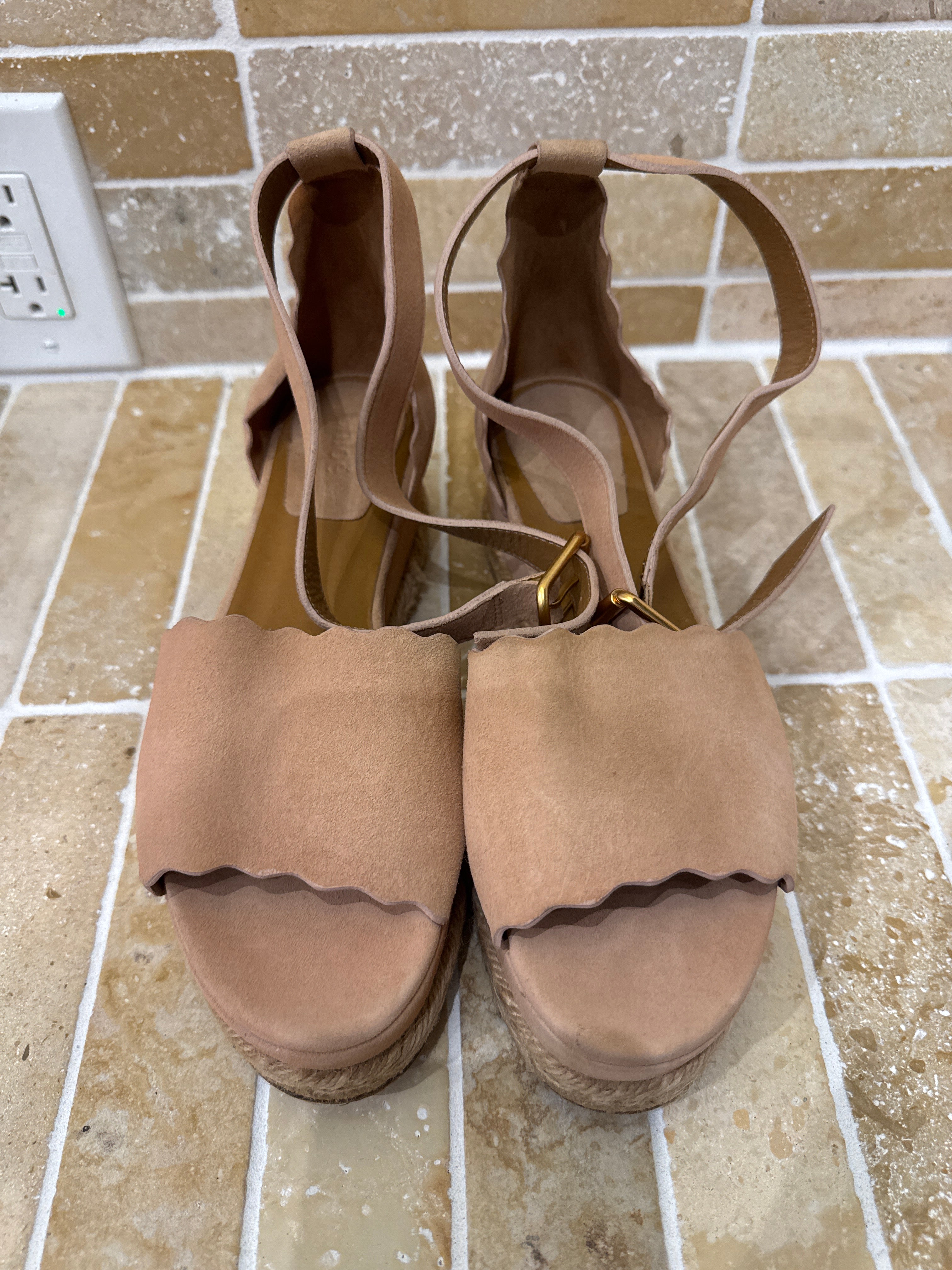 Chloe Beige Suede Scalloped Platform Espadrille Sandals