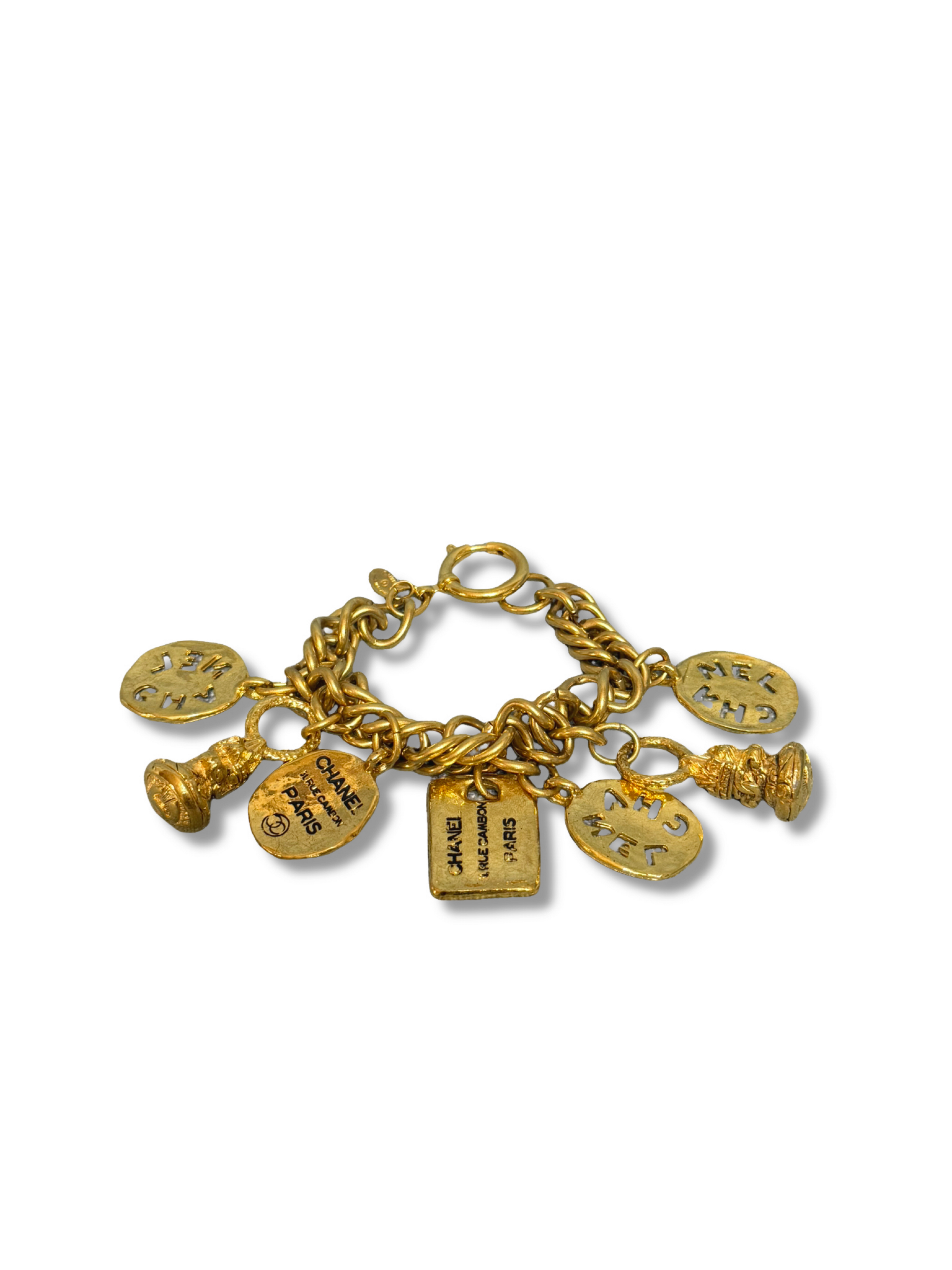 Chanel Vintage Gold Metal Rue Cambon Multi Charm Bracelet