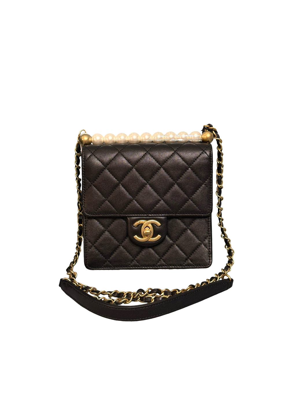 Chanel Lambskin Quilted Pearl Top Handle Classic Flap Crossbody Bag