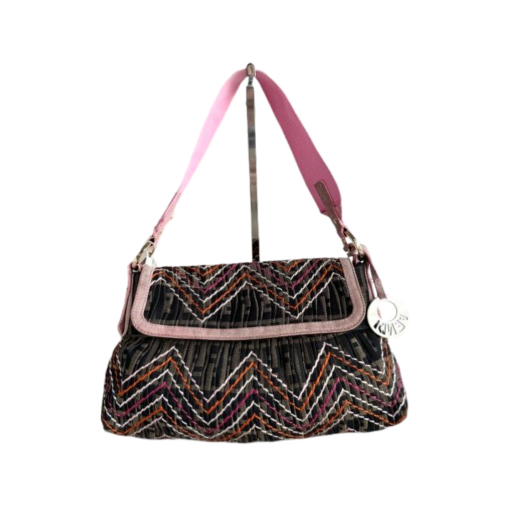 4425 Fendi FF Zucca Chevron Stitch Pleated Canvas Baguette Shoulder Bag