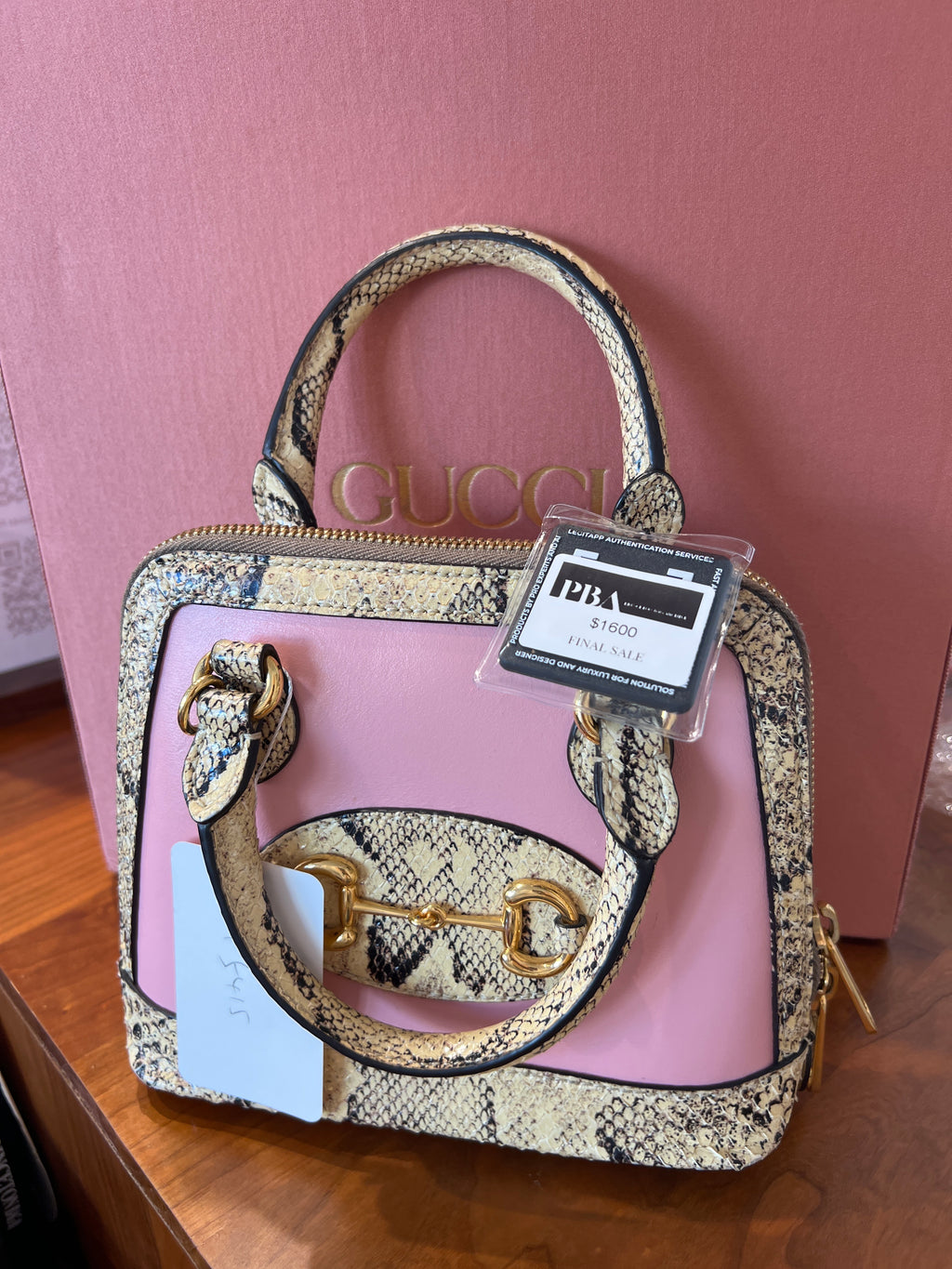 GUCCI Snakeskin Boarded Plutone Calfskin Mini Horsebit 1955 Top Handle Bag in Wild Rose and Beige cp5415