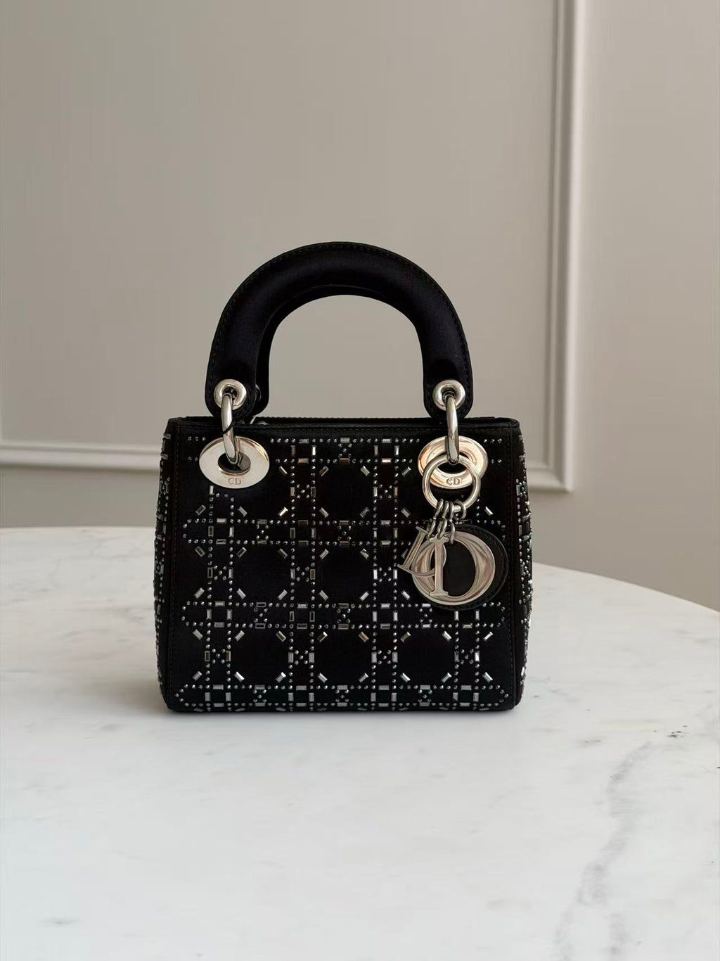 Christian Dior Satin Crystal Cannage Mini Lady Dior Handbag