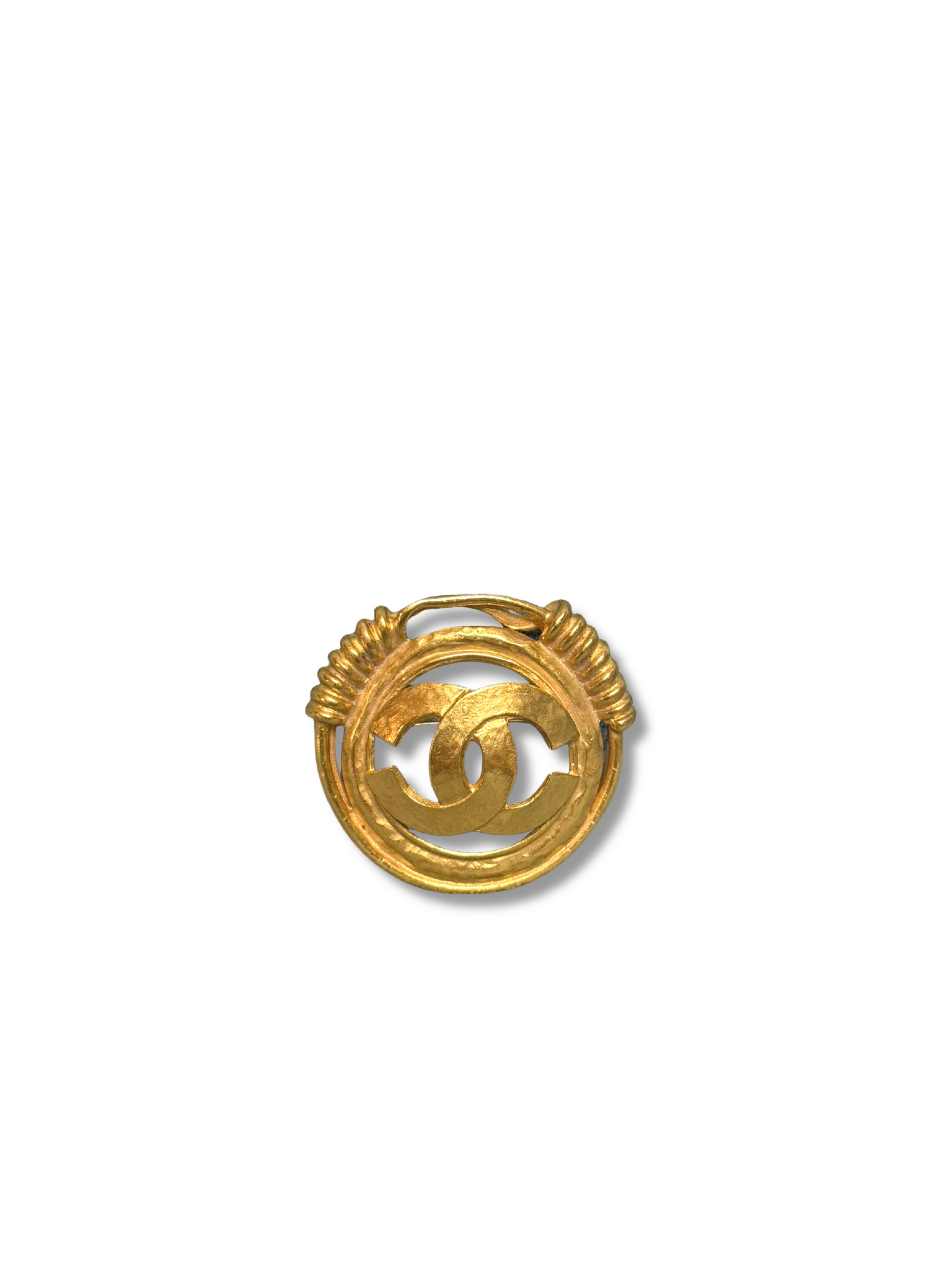 Chanel Vintage Gold Metal Fluted Cutout CC Round Brooch