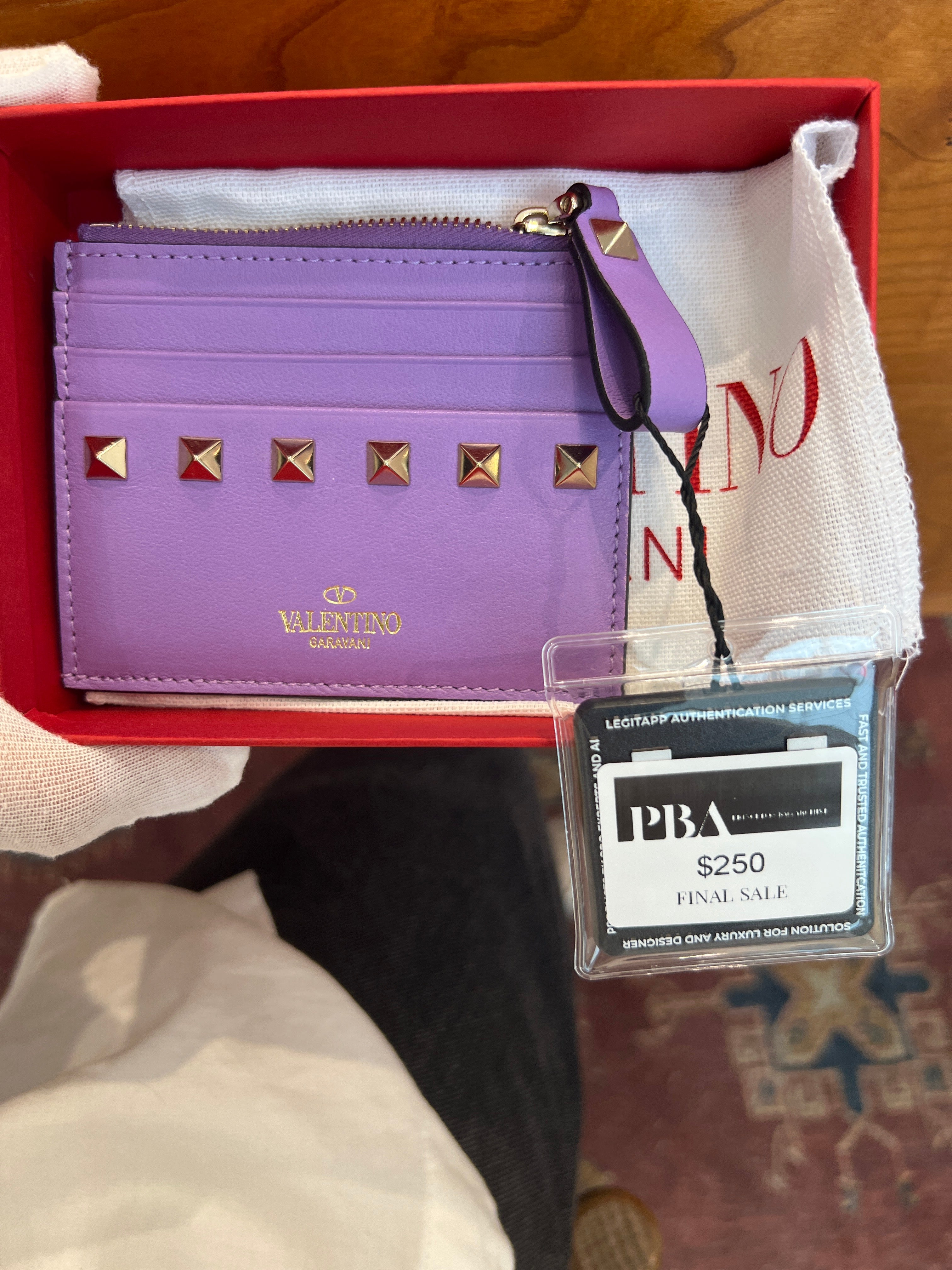 Valentino Garavani Rockstud Leather Zip Card Case Calfskin Purple