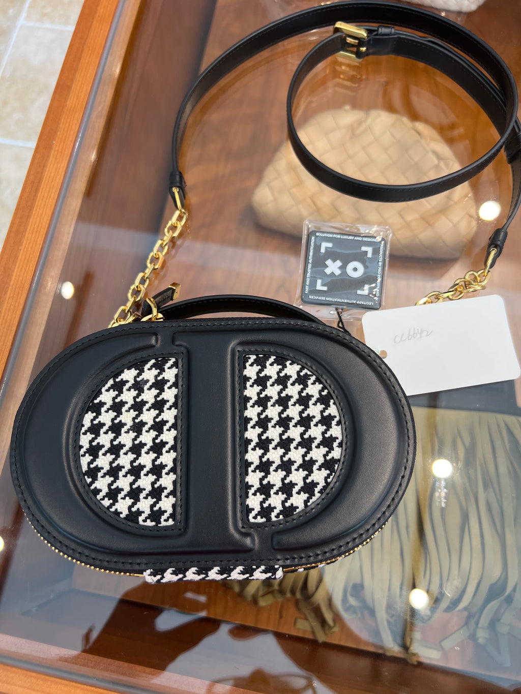 Christian Dior CD Signature Oval Camera Bag in houndstooth canvas and black leather cc6642