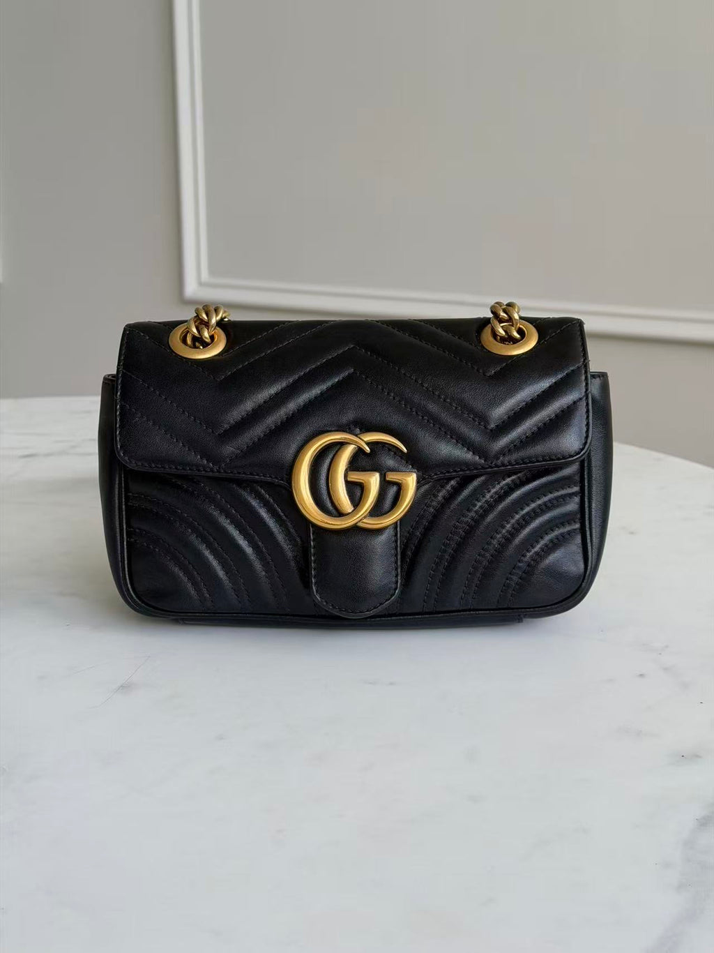 5357 Gucci Calfskin Chevron Quilted GG Marmont22 Chain Shoulder Bag