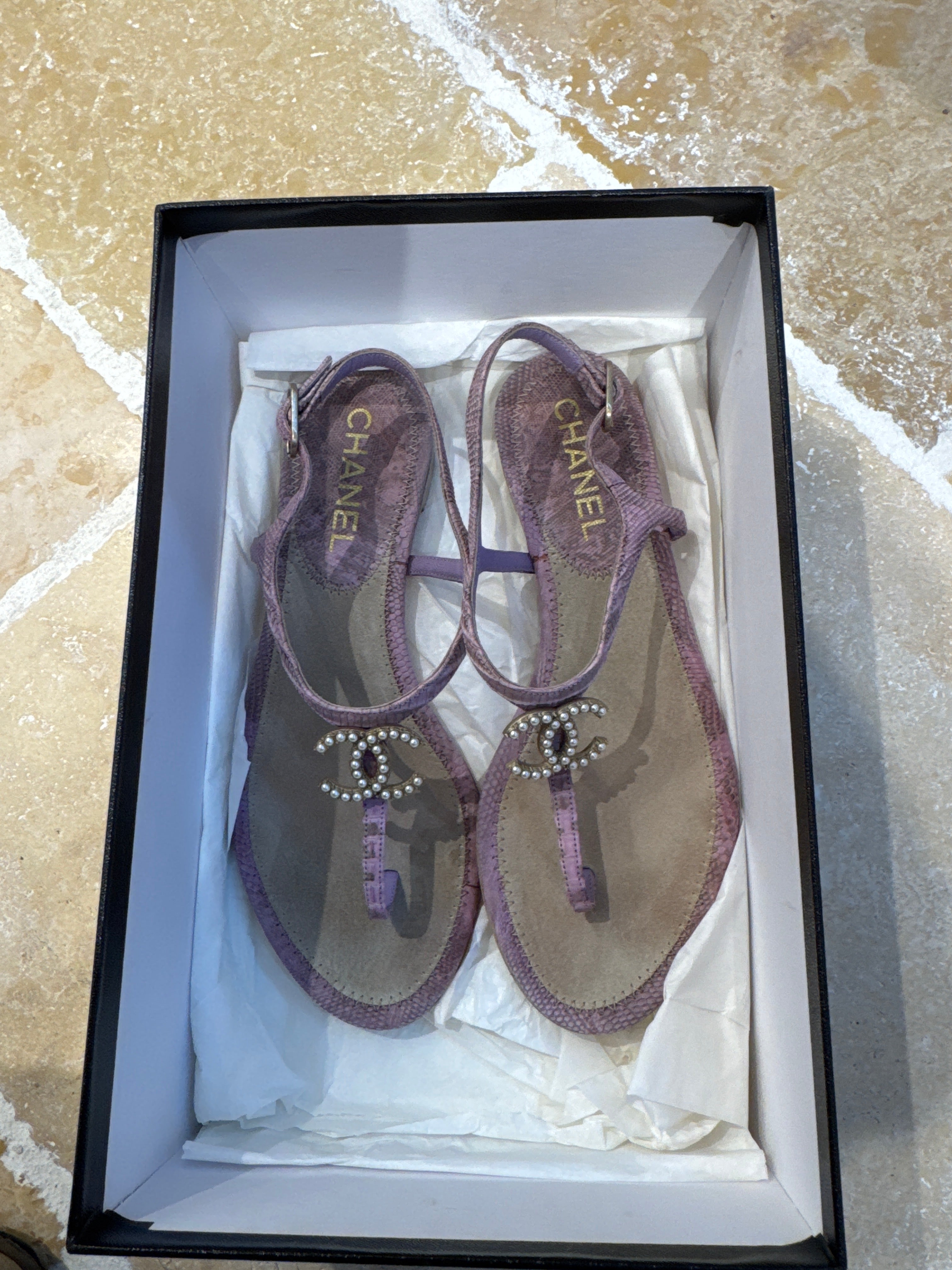 Chanel Lilac Croc Embossed Leather CC Logo Thong Sandals