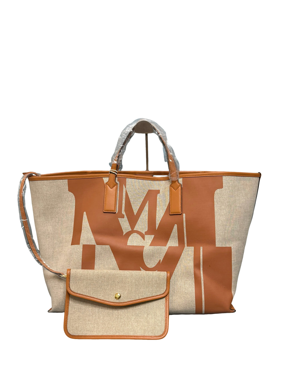 MCM Linen Canvas & Cowhide Leather Aren Large Logo Tote Bag