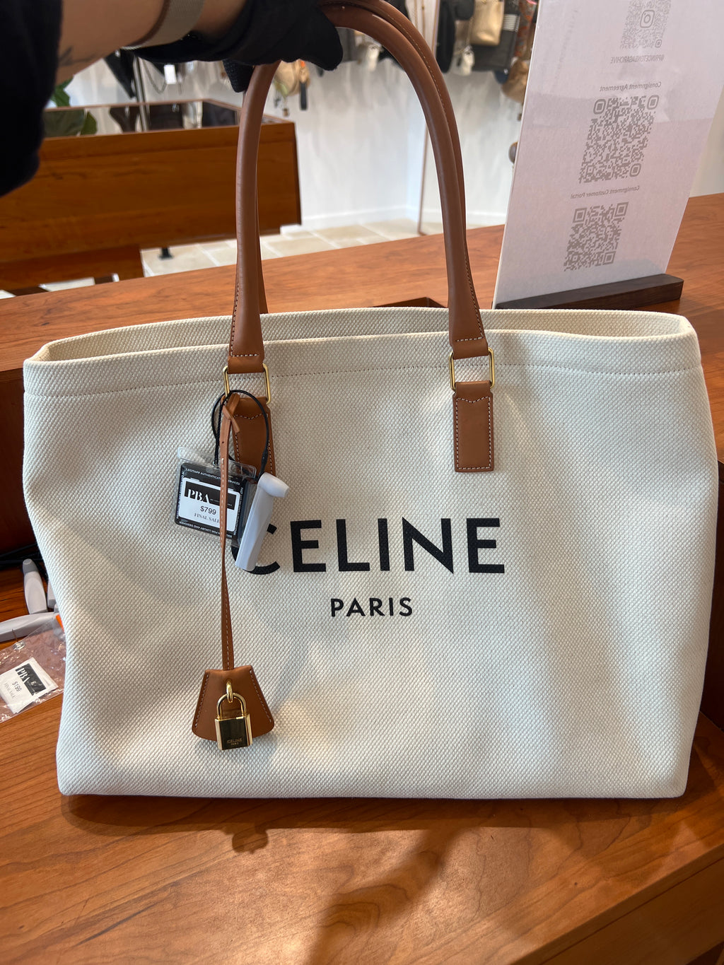 Celine Canvas Calfskin Horizontal Cabas Natural Tan