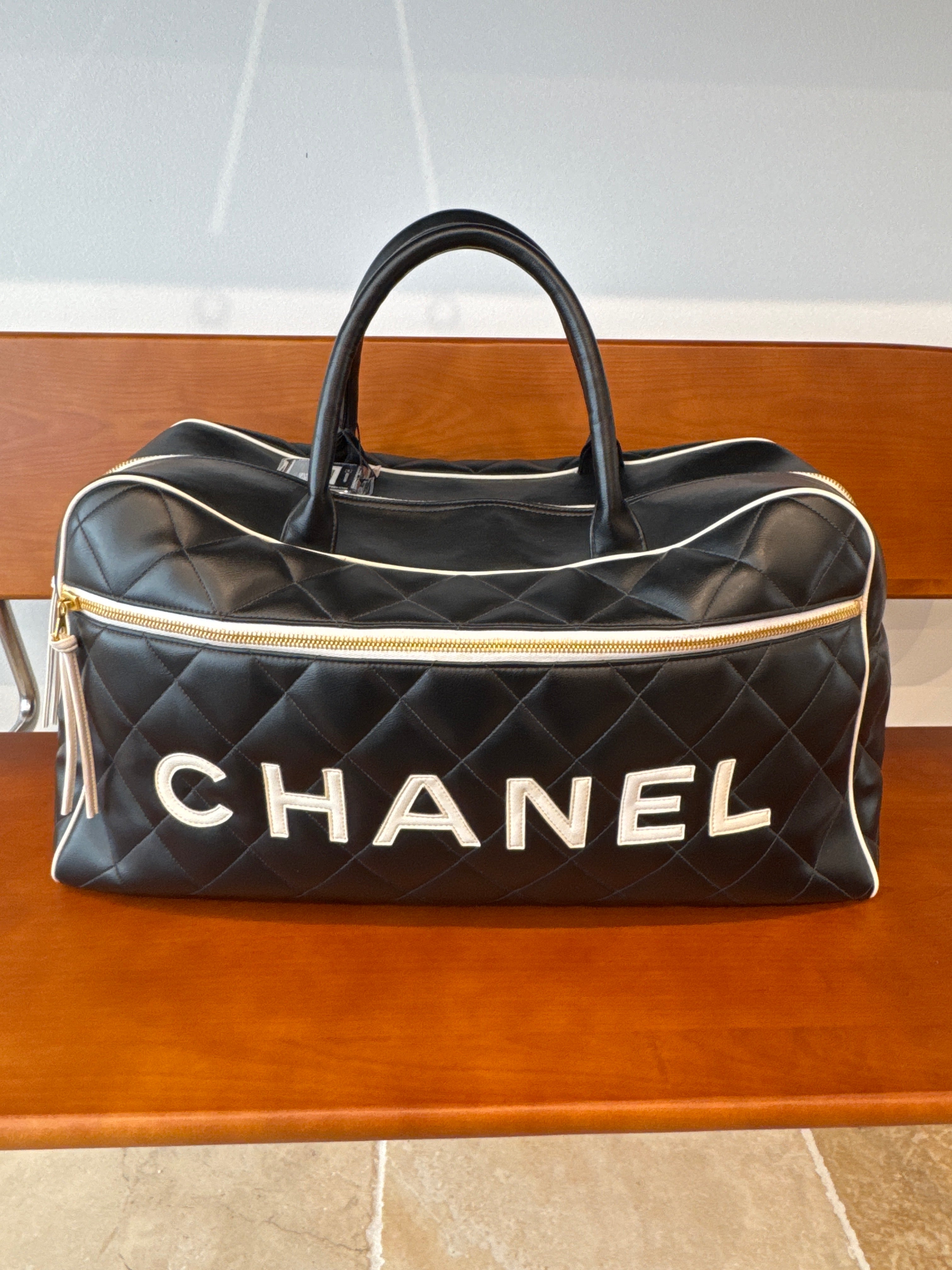 Chanel 1995 Vintage Black Letter Large Bowler Duffle Bag
